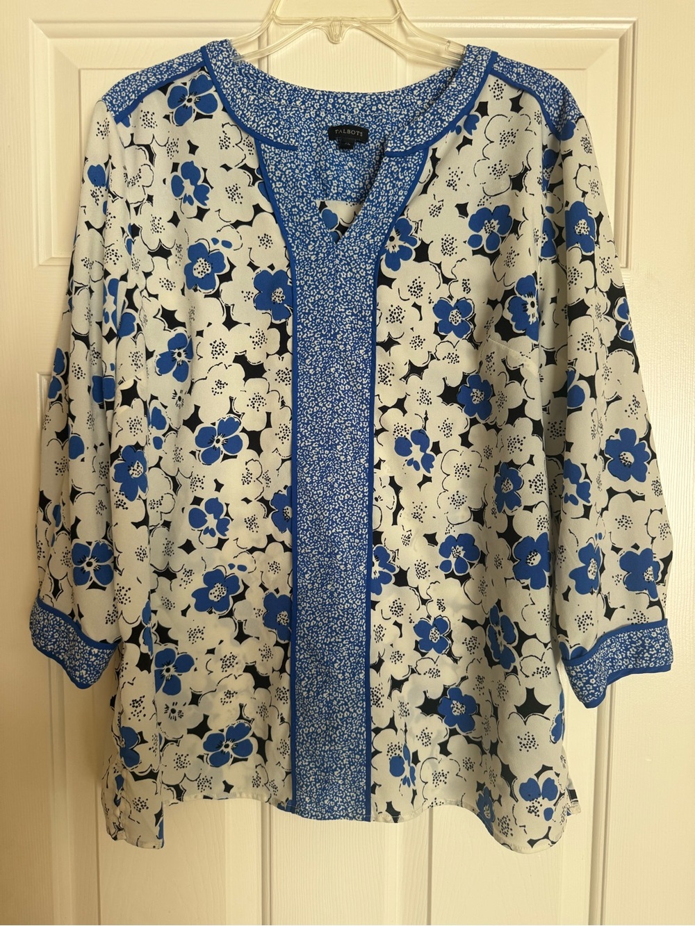Talbots Women's XL Blue White Floral Tunic Blouse 3/4 Sleeve Split Neck
